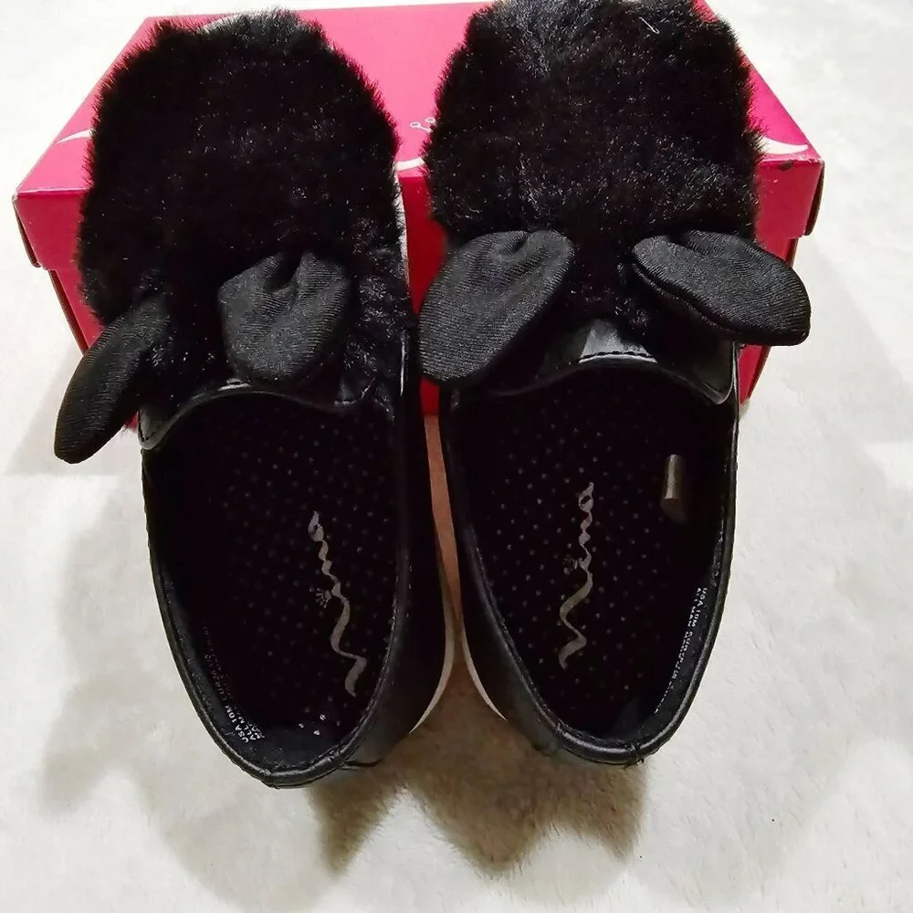 Nina ✦ Bunny Ear Slip-On Shoes ✦ Black Faux Fur Toddler Flats Girls 10 NWT